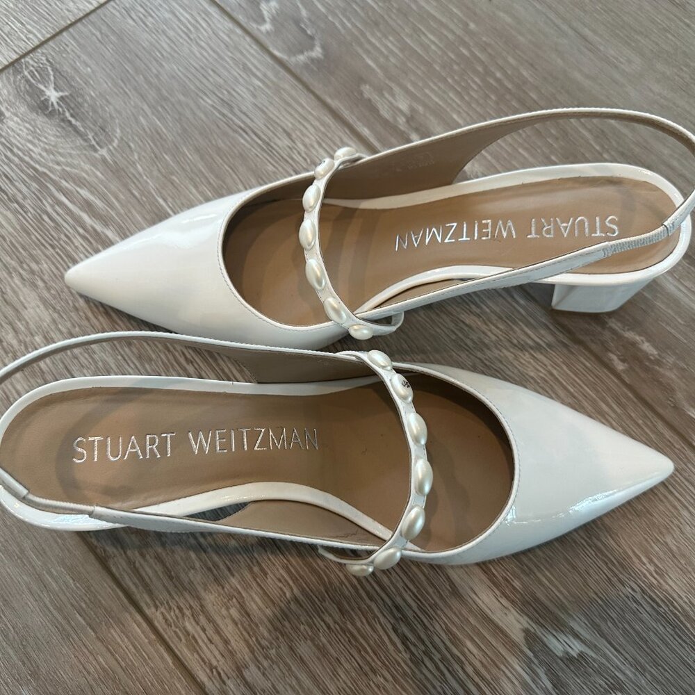 Stuart Weitzman White Pointed Slingback Heels with Pearl-Trim Strap - Picture 7 of 15